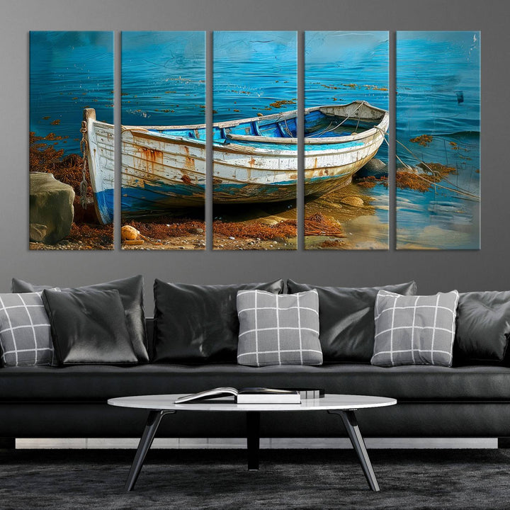 Vintage boat on tranquil waters—rustic triptych canvas print ideal for nautical or coastal wall art.