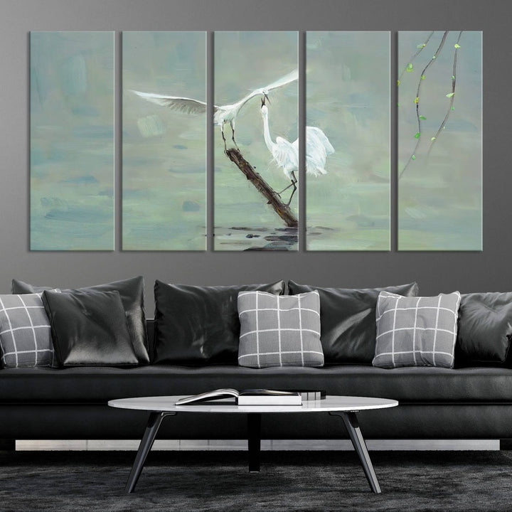 Elegant White Herons on Calm Waters | Coastal Wall Art for Nature-Inspired Decor | Serene Triptych Canvas Print | Ready to Hang Bird-Themed Art for Home Decor