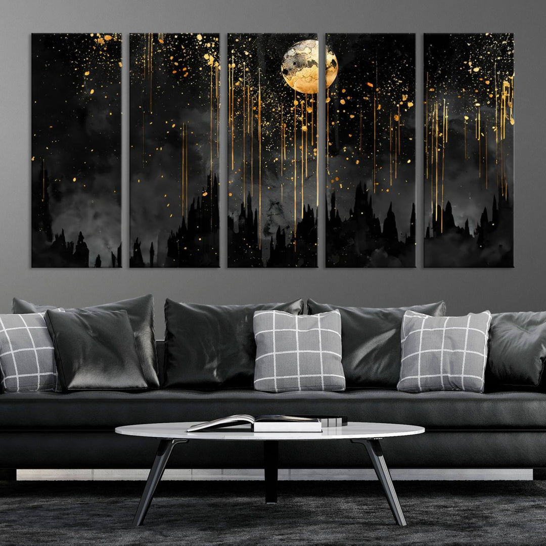 Gold Moon and Black Skyline Abstract Wall Art | Dark Modern Canvas Print with Dripping Gold Accents | Triptych Contemporary Homes