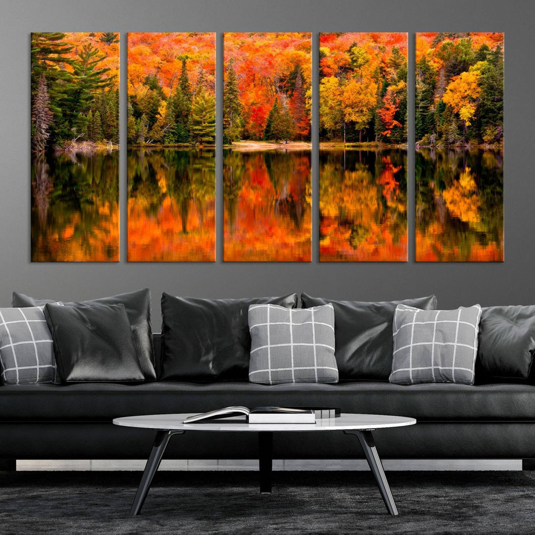 Autumn Forest Reflection Wall Art | Triptych Canvas Print | Vibrant Fall Foliage Wall Decor | Nature-Inspired Cabin Wall Art for Living Room