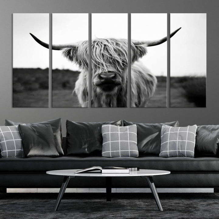 Highland Cow Wall Art | Black and White Farmhouse Decor | Ready to Hang Triptych Canvas Print | Rustic Barn Decor | Scottish Highland Cattle Art Print