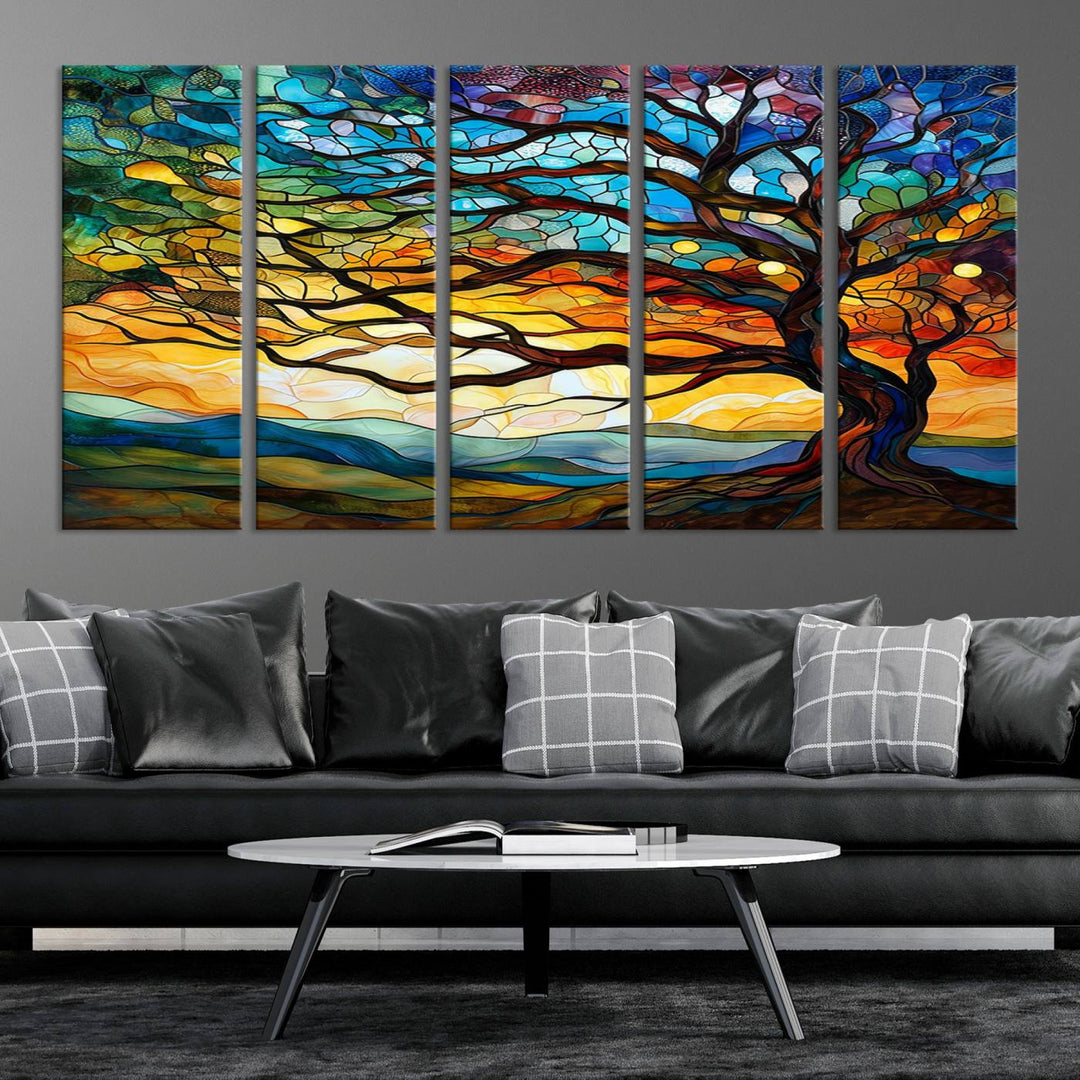 Vibrant Mosaic Tree of Life Wall Art | Stained Glass Style Canvas Print | Ready to Hang Artistic Decor