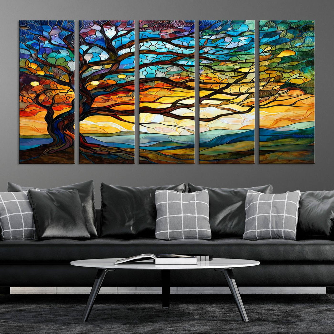 Mosaic Tree Wall Art | Ready to Hang Stained Glass Style Canvas Print | Farmhouse Wall Decor, Cabin Wall Art, and Unique Nature Home Decor