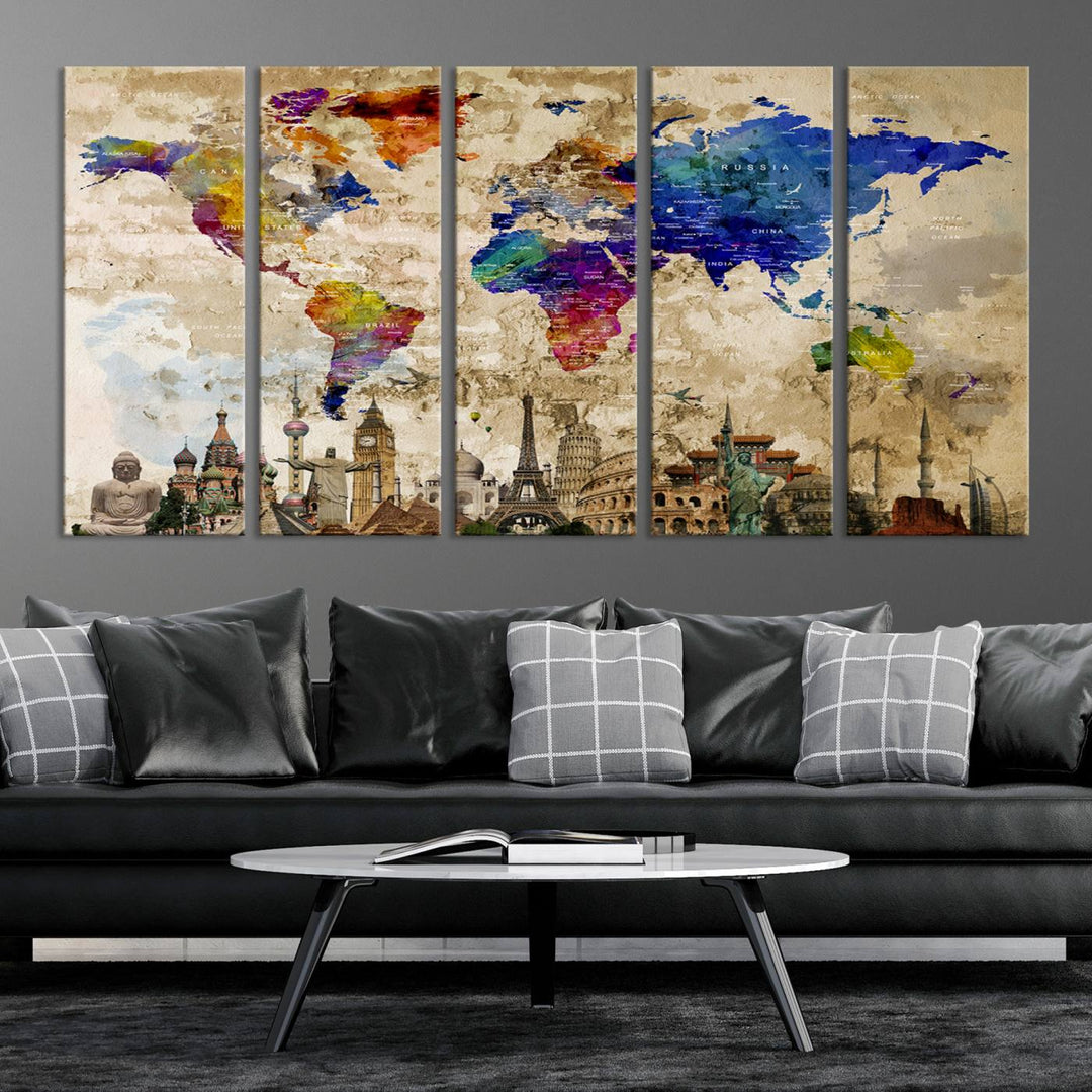 Framed World Map Canvas Print with Landmarks | Multi-Panel Wall Art | Ready to Hang Decor for Living Room, Office | Global Travel Wall Art | Vibrant Landmark Design