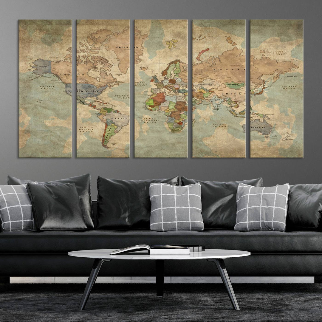 Vintage World Map Canvas Wall Art – Antique Triptych Map Print – Rustic Global Decor for Living Room or Office – Ready to Hang