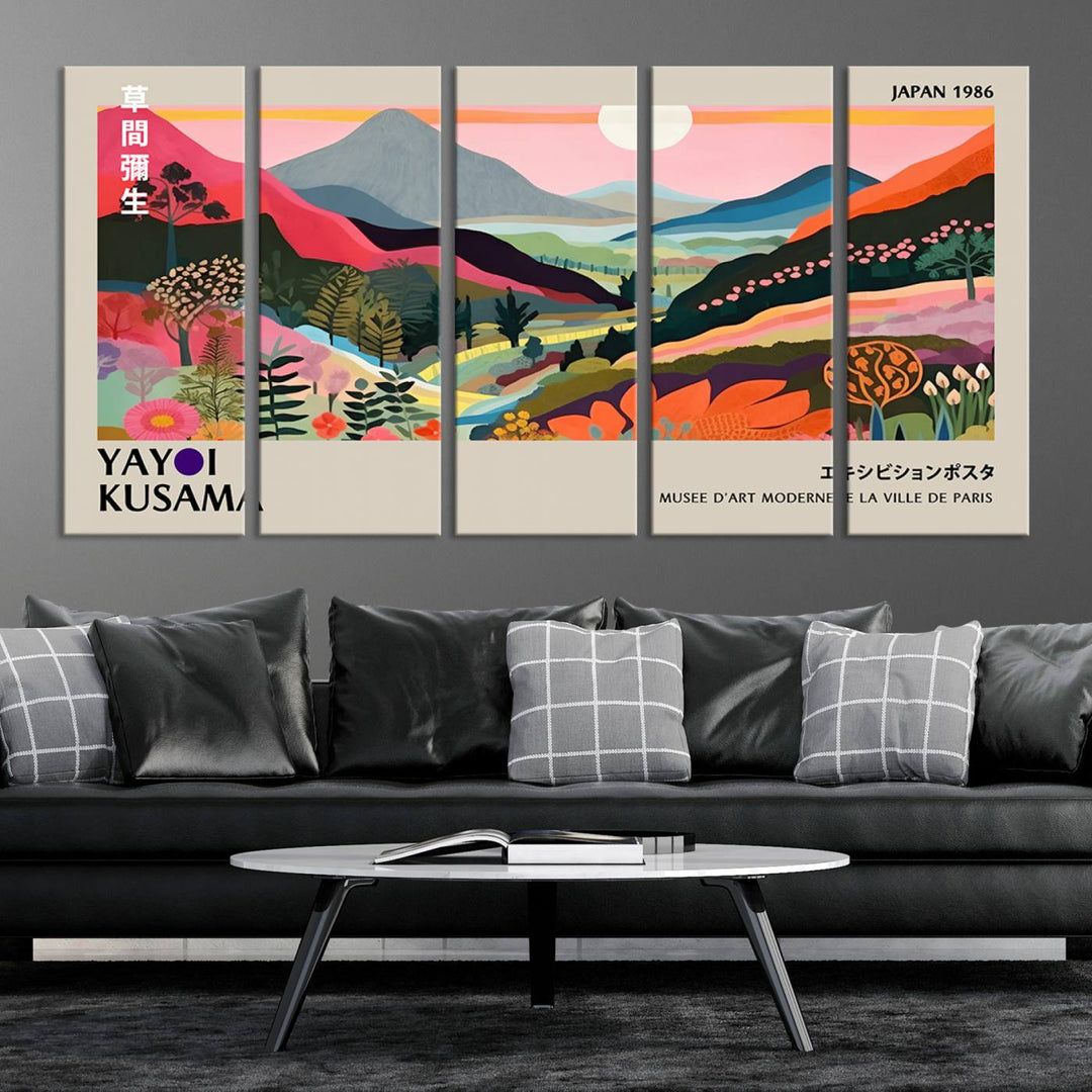 Vibrant abstract landscape canvas inspired by Yayoi Kusama, featuring mountains, trees, and flowers in a triptych style.