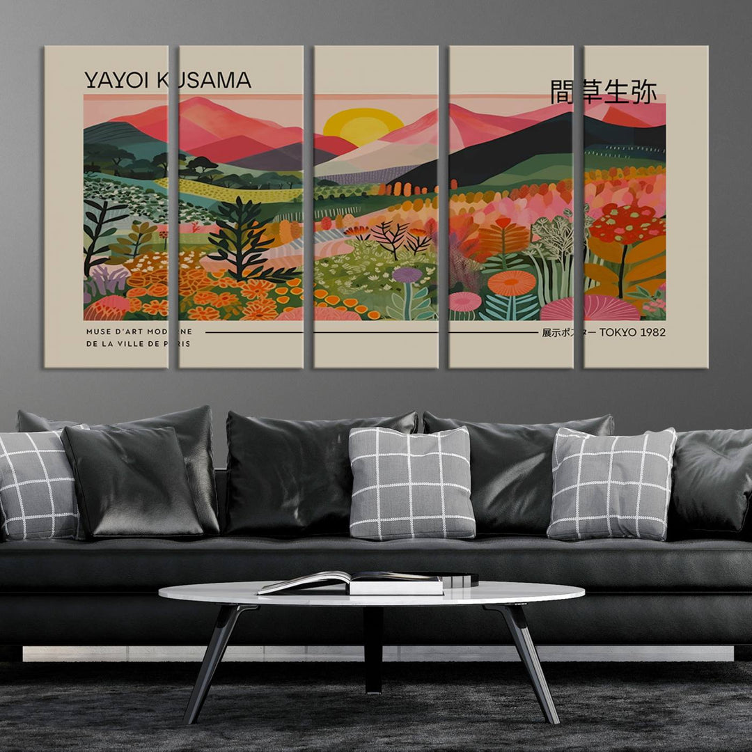 A vibrant abstract triptych features mountains, a sun, and plants in Yayoi Kusamas style with Japanese and French text included.