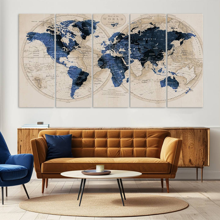 The Vintage Triptych Map Print is a grunge-stained blue and beige world map, perfect for enhancing wall decor.