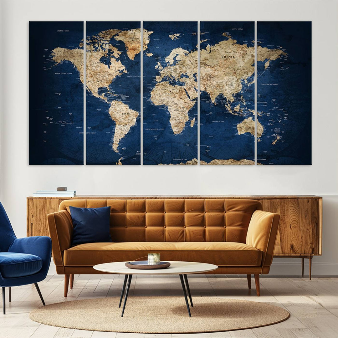 Classic Vintage Blue World Map Canvas Print featuring beige continents against a deep blue background.