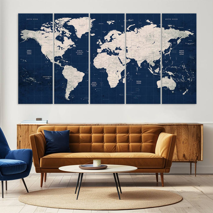 Large modern world map wall art canvas print in beige and navy; showcases a 3-panel vintage map design and is ready to hang.