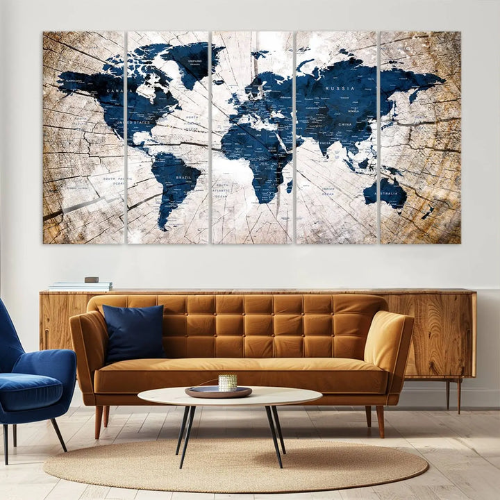 The living room exudes style with the Blue World Map Canvas Wall Art, a rustic-style triptych that's prominently displayed on the wall. This global decor piece adds an elegant touch to the space.