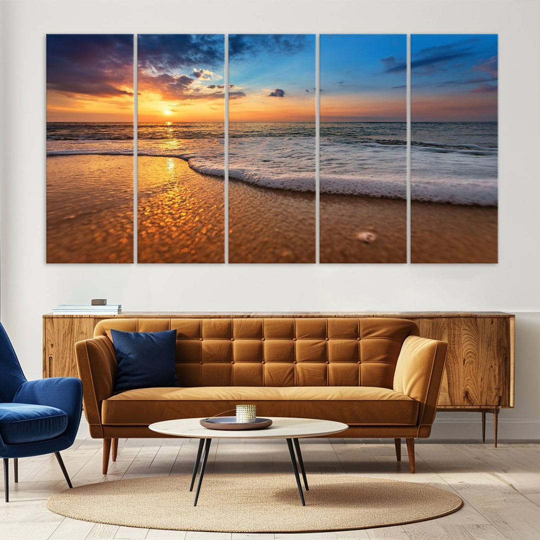 The Golden Sunset Beach Waves Triptych adds a modern coastal touch with its stunning seascape.