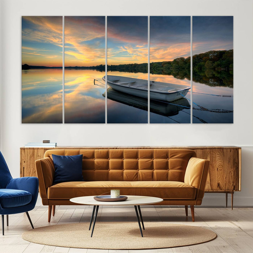 Serene Rowboat on Calm Lake Triptych Canvas Art, Giclee Wall Art of Peaceful Sunset Reflections, Tranquil Landscape Wall Art for Home or Office