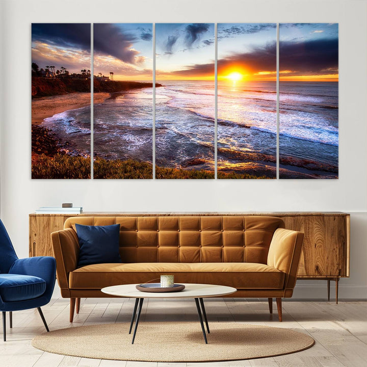 California Coastline Sunset Canvas Art, Ocean Waves Crashing on Cliffs, Giclee Canvas Print for Beach House Decor