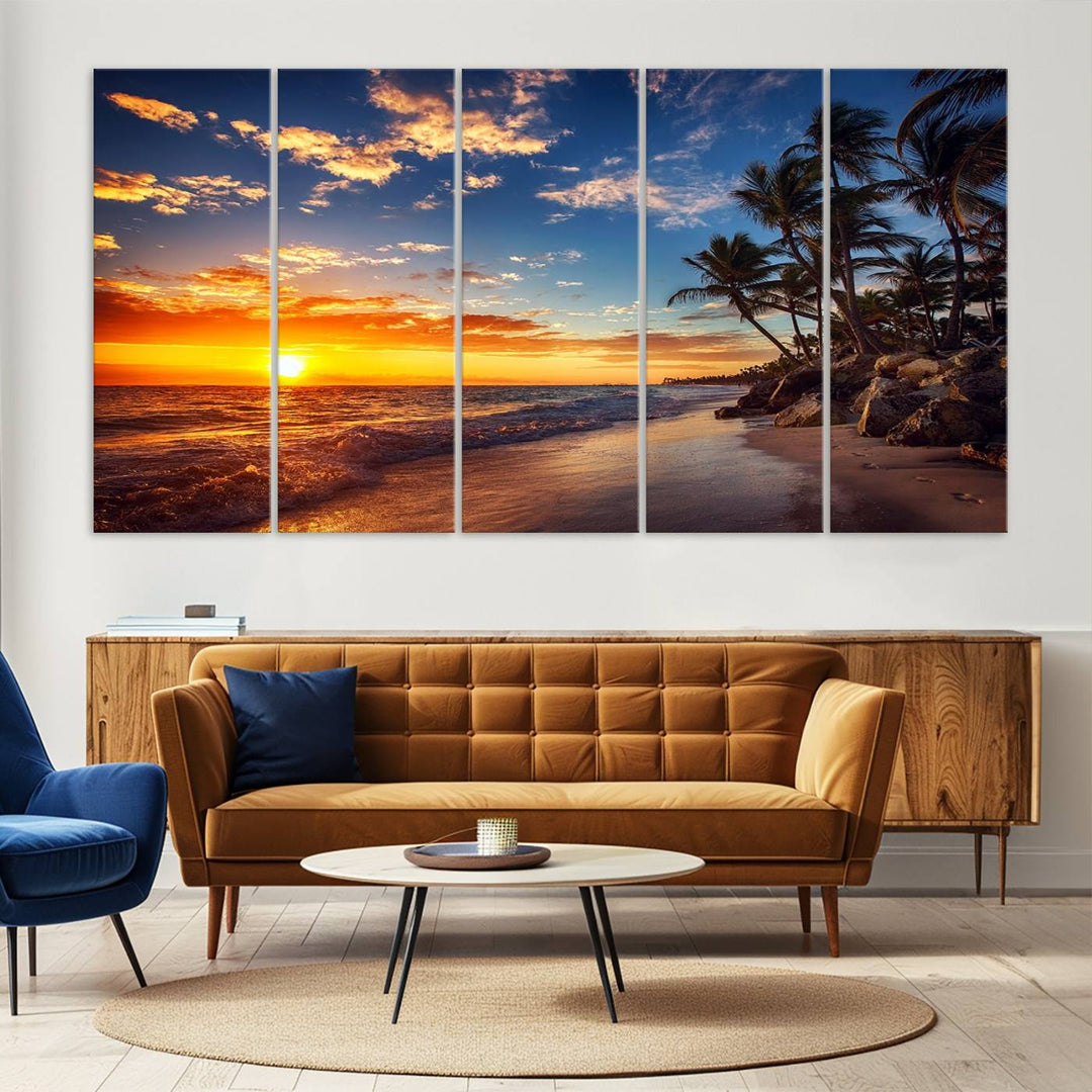 Tropical Beach Sunset Canvas Art, Palm Trees and Ocean Waves Wall Art, Giclee Print for Coastal Home Decor