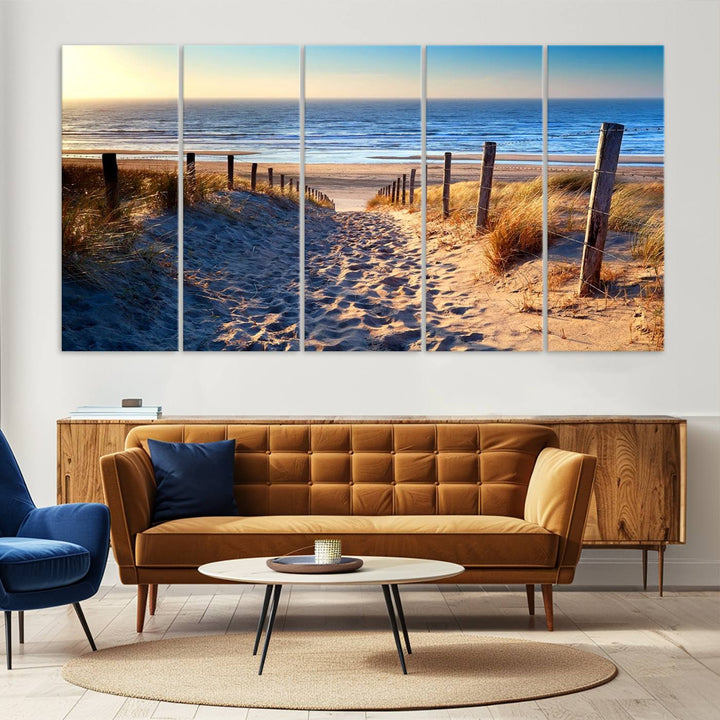 Tropical Beach Sunset Canvas Art, Ocean Waves and Sandy Shoreline Wall Art, Large Beach Decor for Coastal Homes