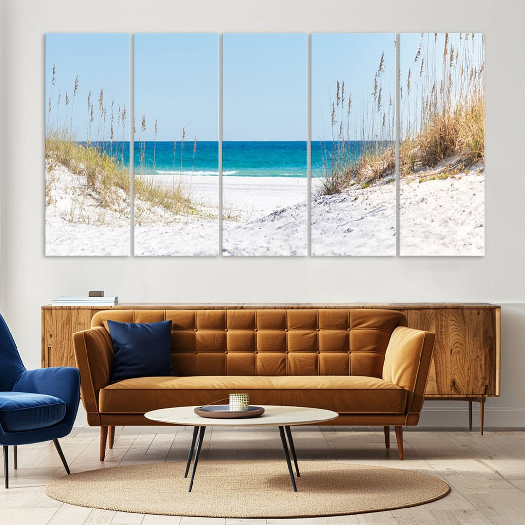 Serene Coastal Dune Path with Ocean View, 3-Panel Beach Canvas Art; tranquil seascape for coastal decor.