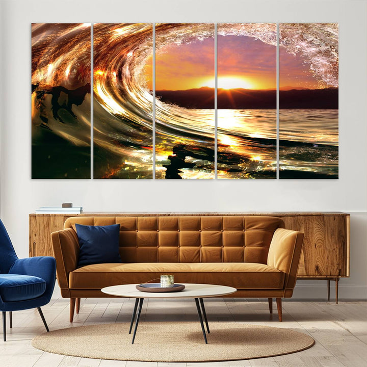 The Golden Wave Sunset Triptych Canvas Art showcases an ocean wave at sunset, casting warm light.