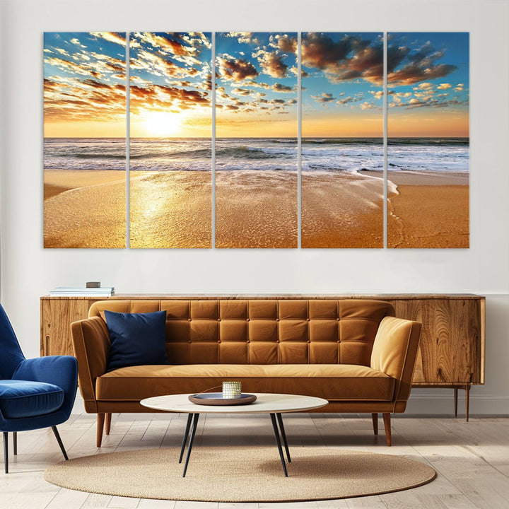 A Golden Sunset Beach giclee triptych canvas hangs prominently.