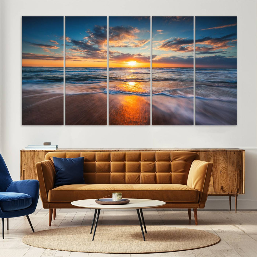 The Sunset on the Ocean canvas adds coastal ambiance to the wooden wall.