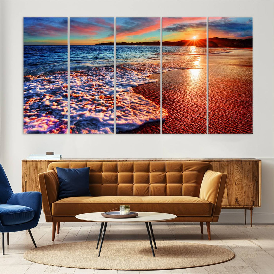 The Colorful Coastal Sunset on the Beach canvas print portrays ocean waves at dusk.