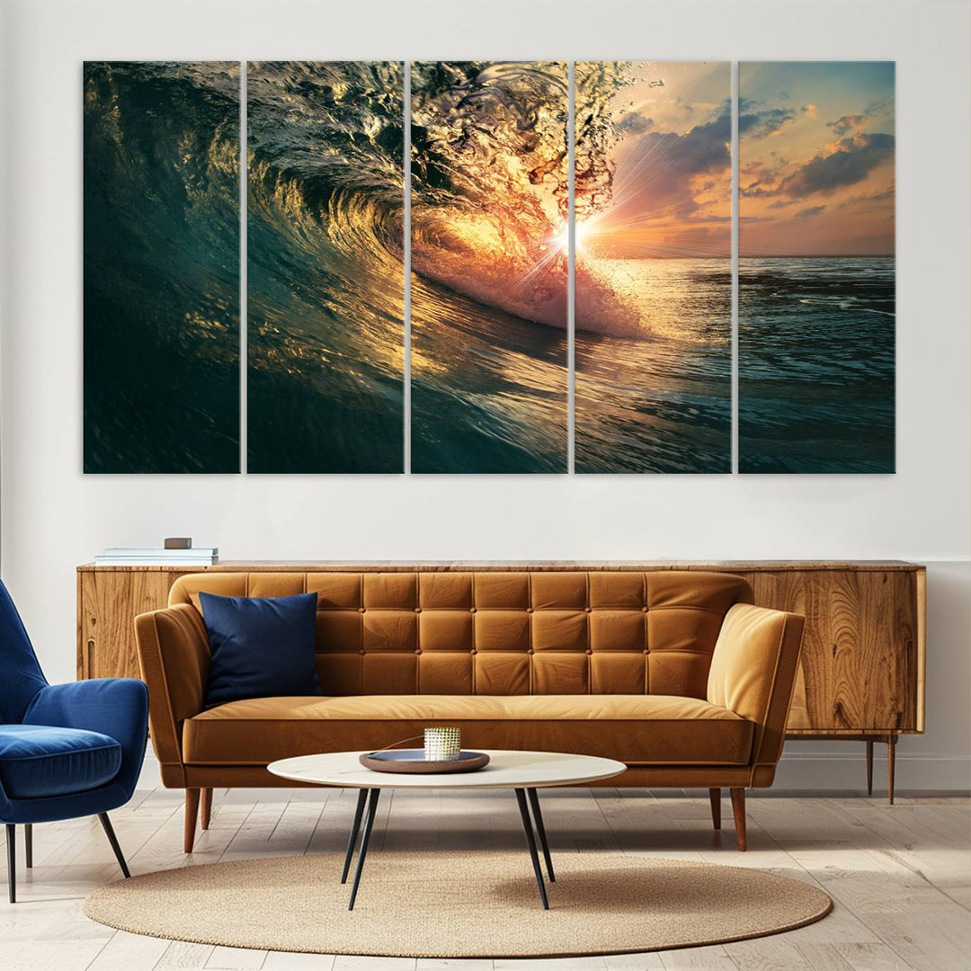 A triptych seascape titled Ocean Wave Sunset Canvas, featuring a stunning ocean view at sunset, is beautifully framed and ready to hang.