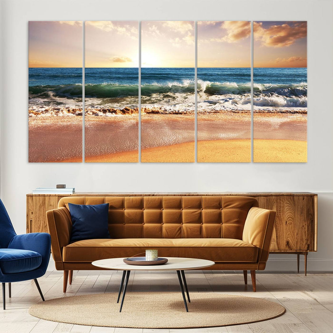 The wall features a Canon-quality Serene Beach Path canvas giclee print, depicting coastal dunes.