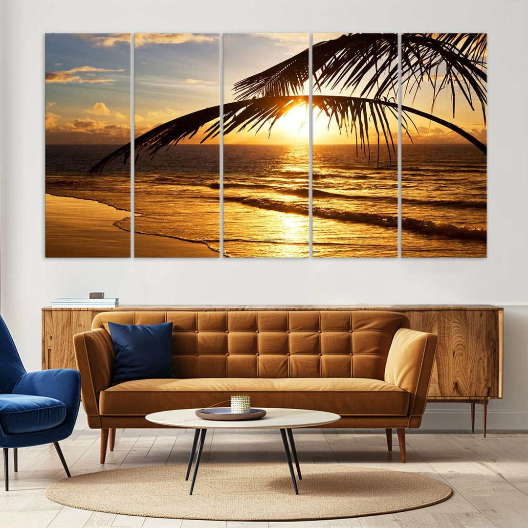 Golden Tropical Beach Sunset Canvas Triptych: Coastal Palm Art & Giclee Print with Gallery Wrap, capturing golden waves.