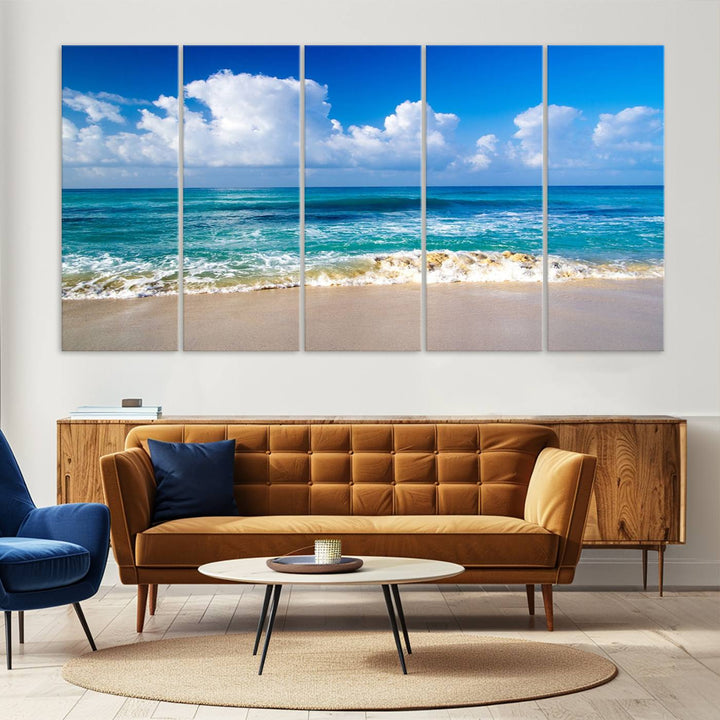 Tropical Beach 3-Panel Canvas Wall Art – Serene Ocean Waves and Blue Sky – Giclée Print for Living Room, Office, or Bedroom Coastal Decor