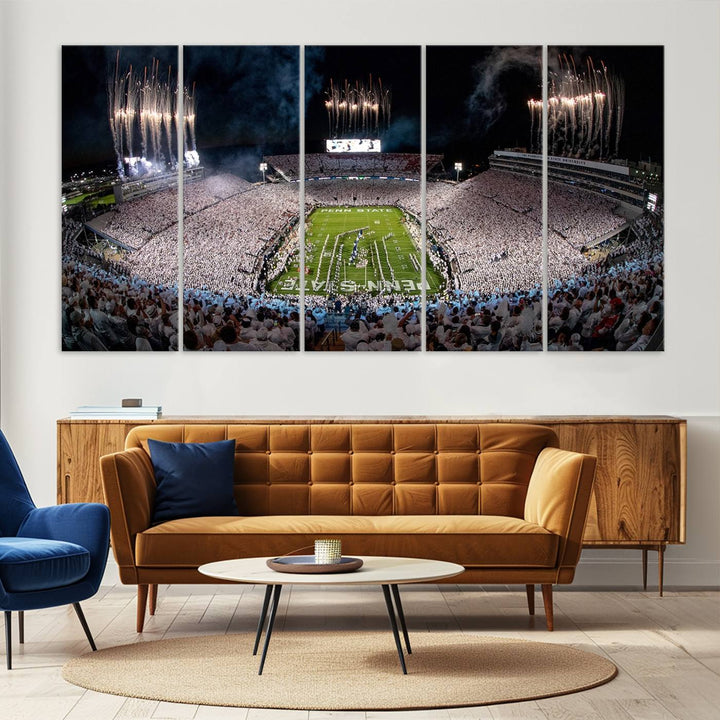 The perfect Penn State Football canvas wall art features a depiction of Beaver Stadium filled with fans in white, with fireworks exploding above.