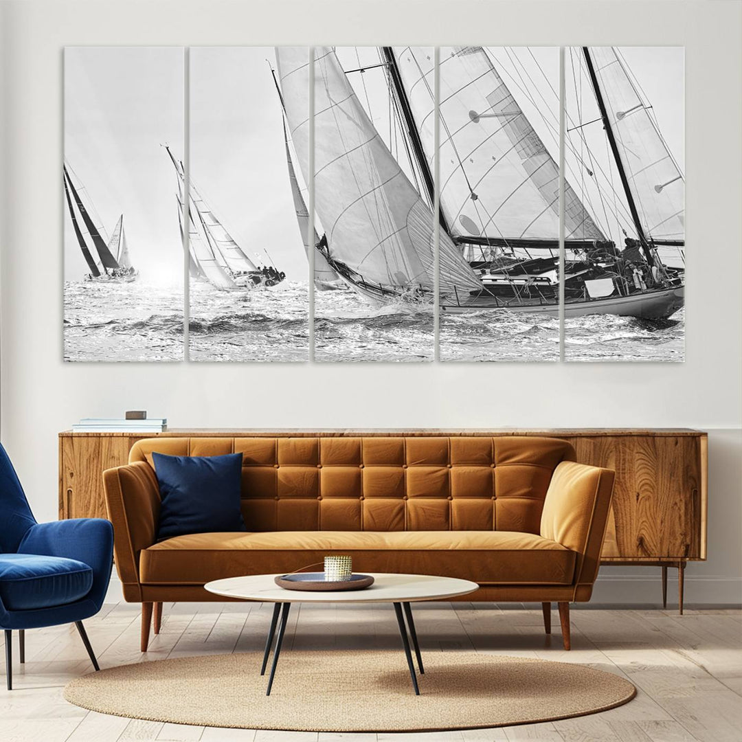 Yacht Sailboat Regatta canvas print on a textured wooden wall.