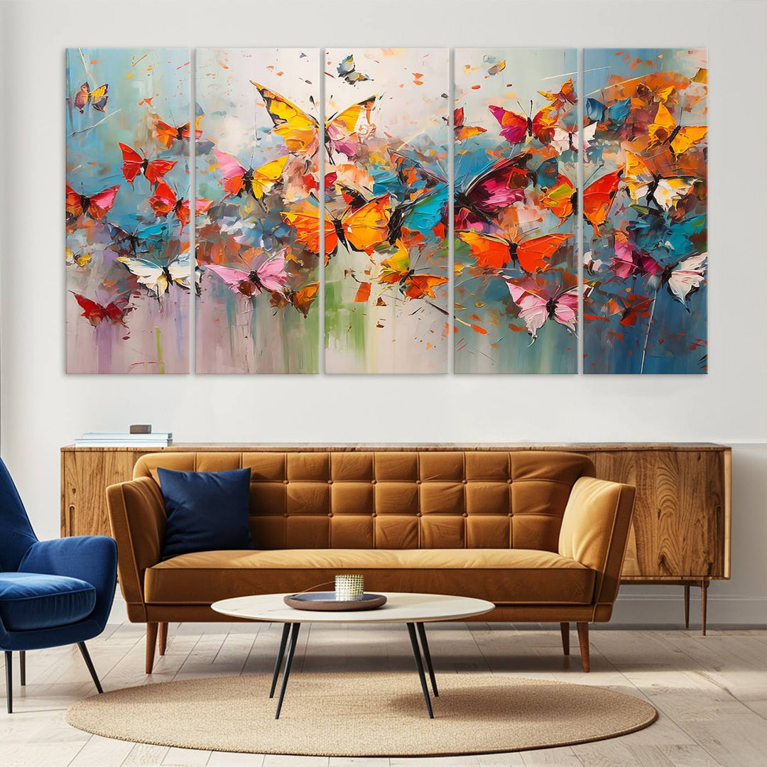 The Abstract Butterfly Wall Art Canvas Print hangs prominently, adding a touch of elegance and creativity to the room.