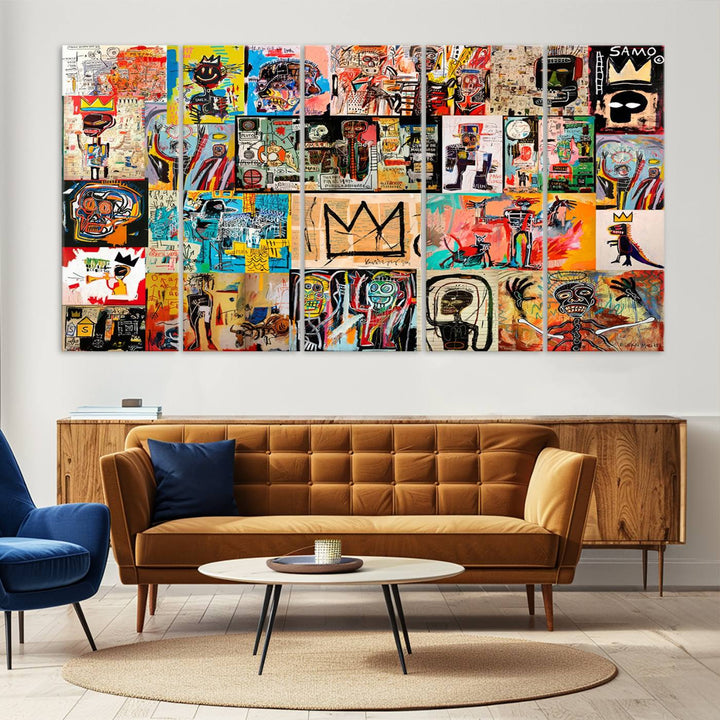 A Basquiat graffiti-style collage adorns the wall.