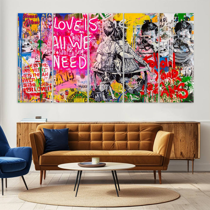 A vibrant and dynamic triptych features distorted horizontal lines, resembling graffiti street art. This artwork conveys the themes of "Follow Your Dreams" and "Love is All We Need" across three colorful panels.