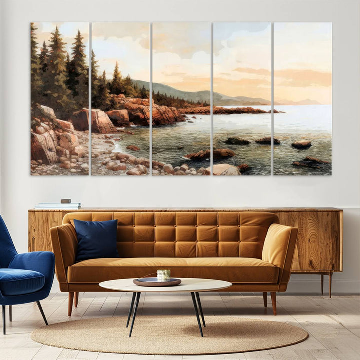 The Serene Coastal View of Acadia National Park 3-panel canvas, framed and ready to hang, adorns the wall.