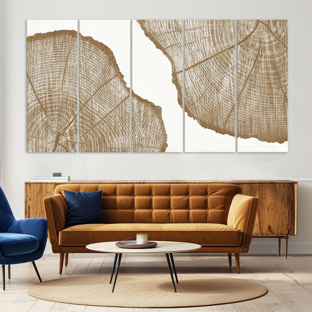 The rustic wall art features two large tree rings, beautifully framed and displayed to create a nature-inspired décor.