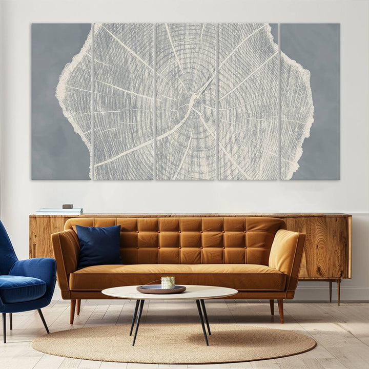 A gray wall displays the Abstract Tree Ring Wall Art print.