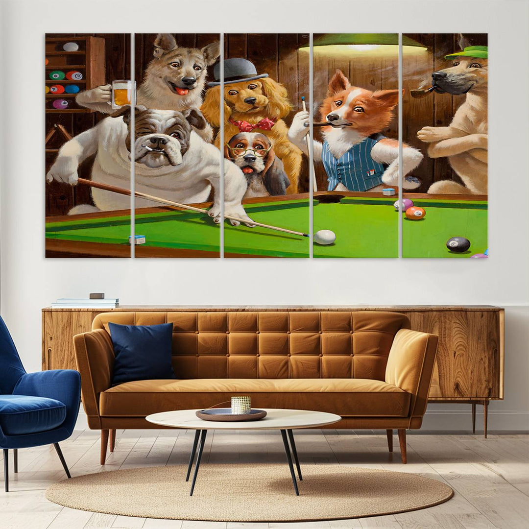 Dogs Playing Pool Canvas Wall Art: This artwork depicts a room where dogs are engaged in a game of pool. One dog is poised to cue while others observe the scene.