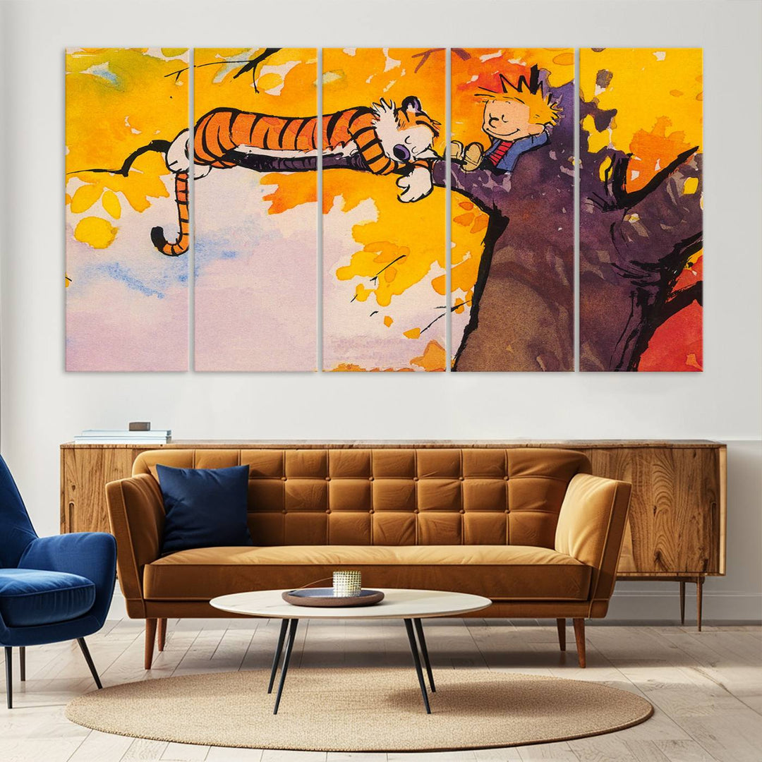 Premium canvas Calvin Wall Arts featuring a boy and tiger relaxing on a branch.