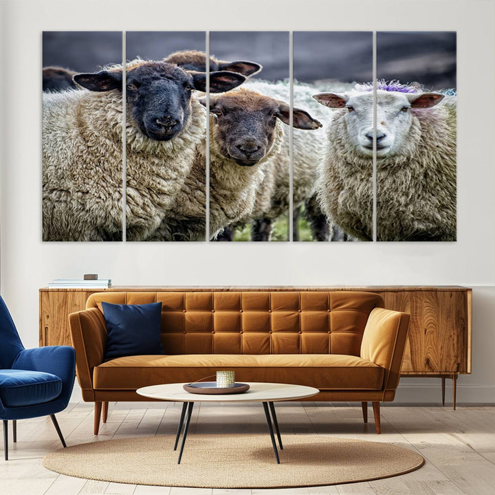 The Charming Sheep Portrait Wall Art hangs on a wooden wall.