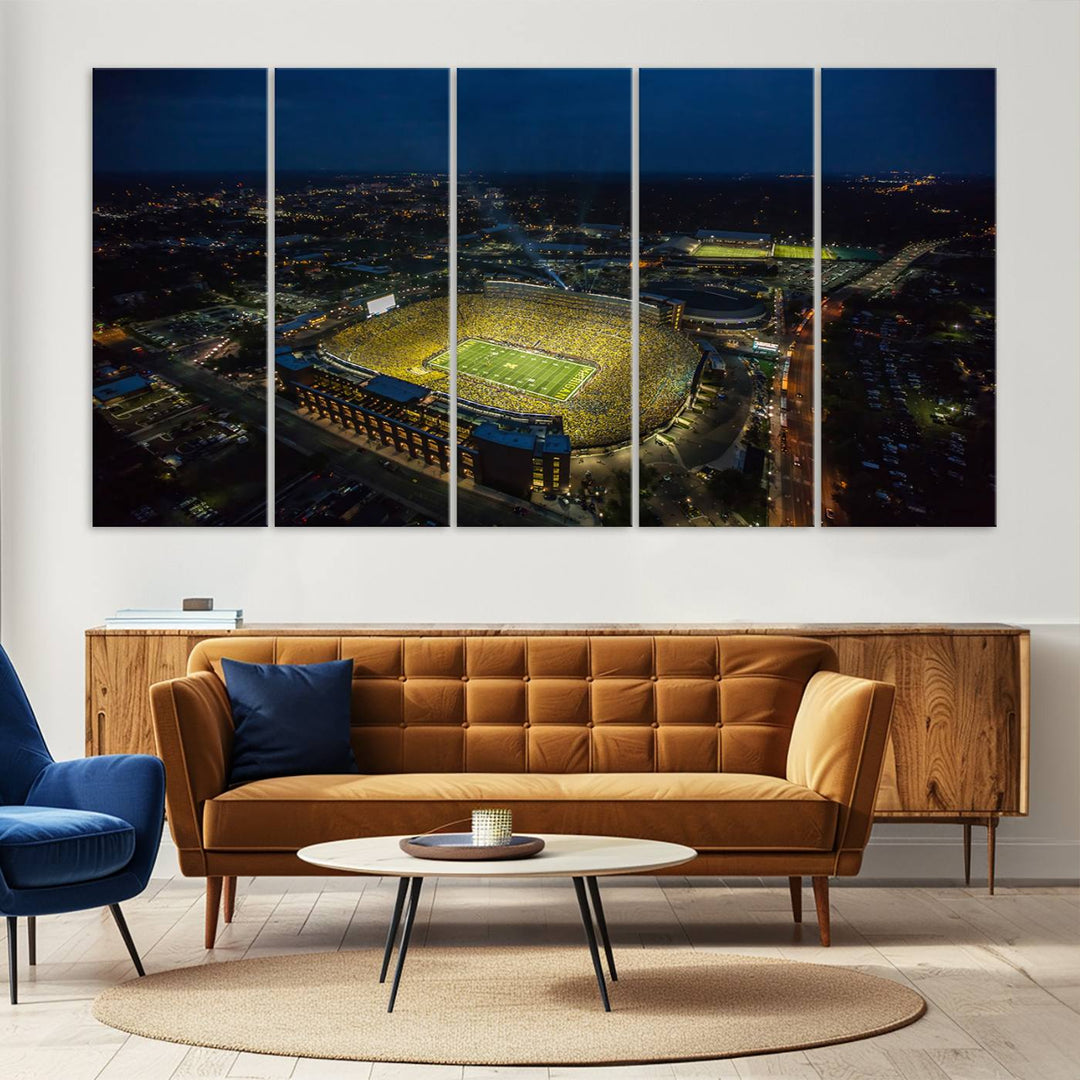 Aerial view of Michigan Stadium nightlife on canvas – Framed, ready-to-hang sports arena wall art.