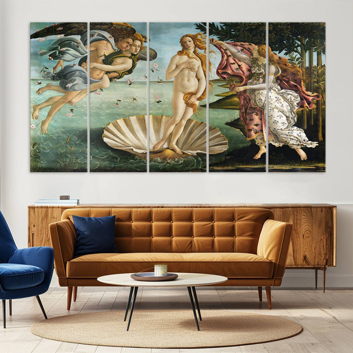 A canvas print of Botticellis The Birth of Venus is displayed on the wall.