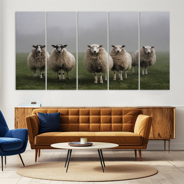 The Flock of Sheep in a Mystical Fog canvas print is framed and ready to hang.