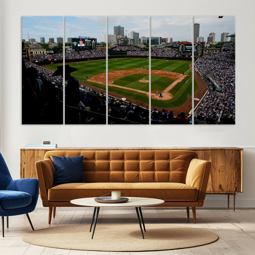 Admire this museum-quality canvas print of a Chicago Cubs game with a cityscape view from the stands at Wrigley Field.