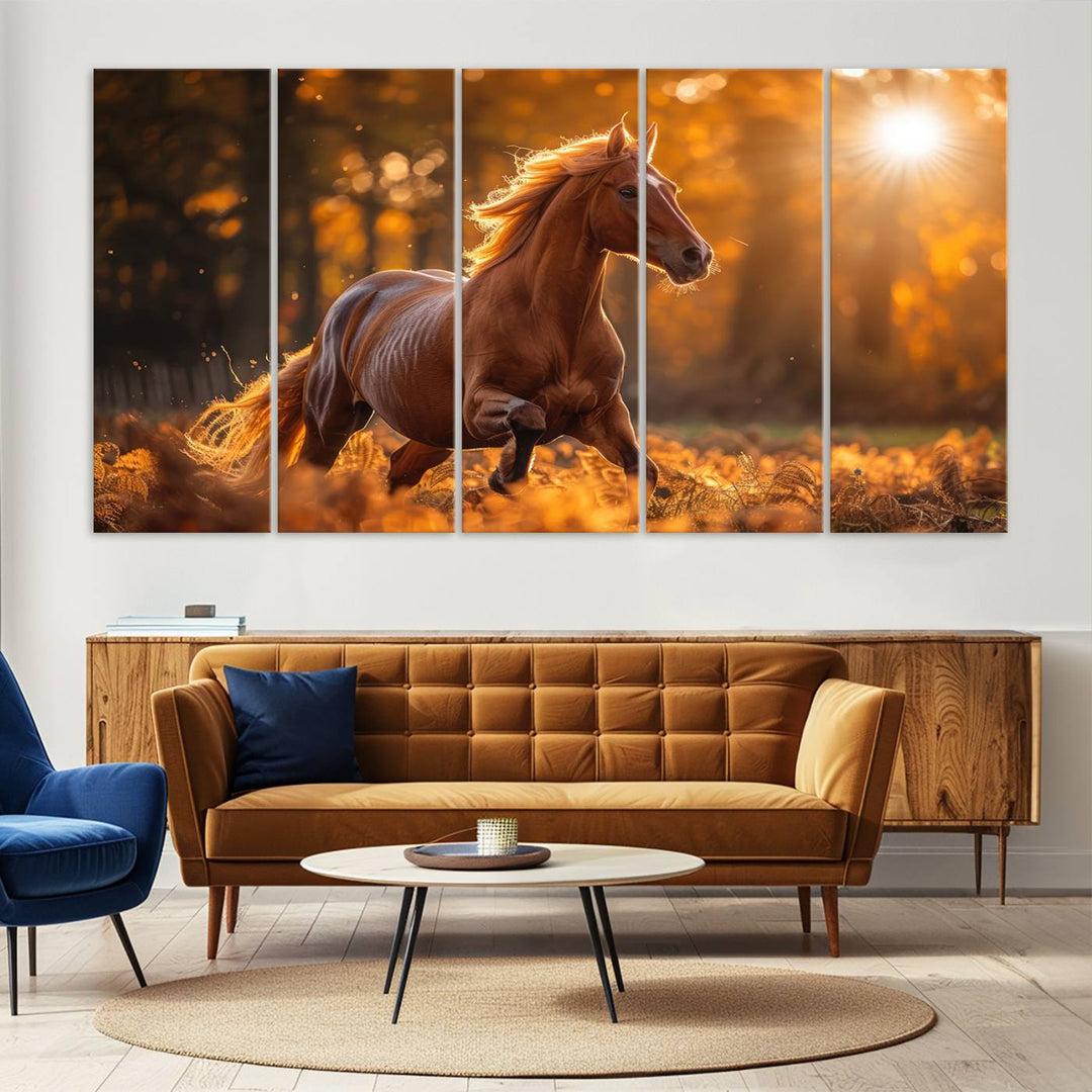 The Running Horse Sunset Forest Wall Art Canvas Print showcases a gallop in an autumn forest with sunlight streaming through the trees.