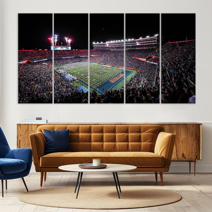 The Gators Night Game Canvas Art captures a lively night at Ben Hill Griffin Stadium with vibrant fireworks and the energy of a live band.