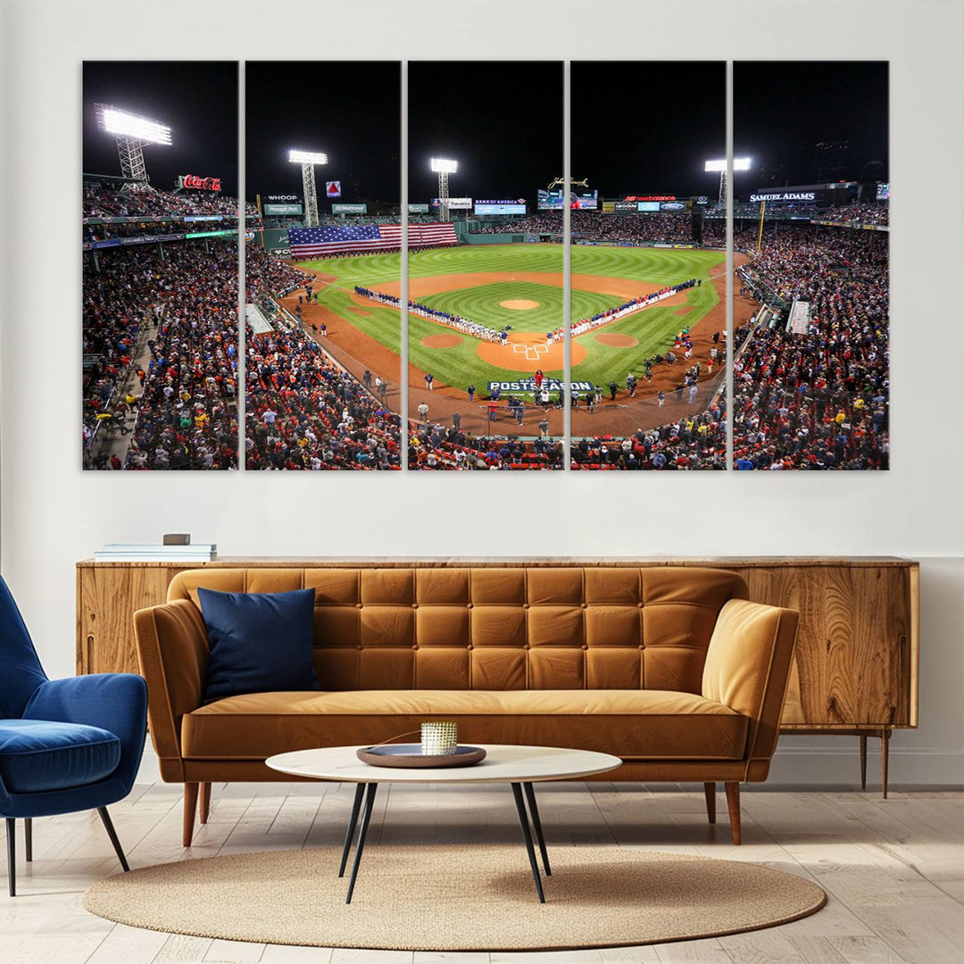 The Fenway Park Wall Art Canvas Print showcases a stunning aerial view of Bostons iconic ballpark at night, making it an ideal piece for any Red Sox enthusiast.