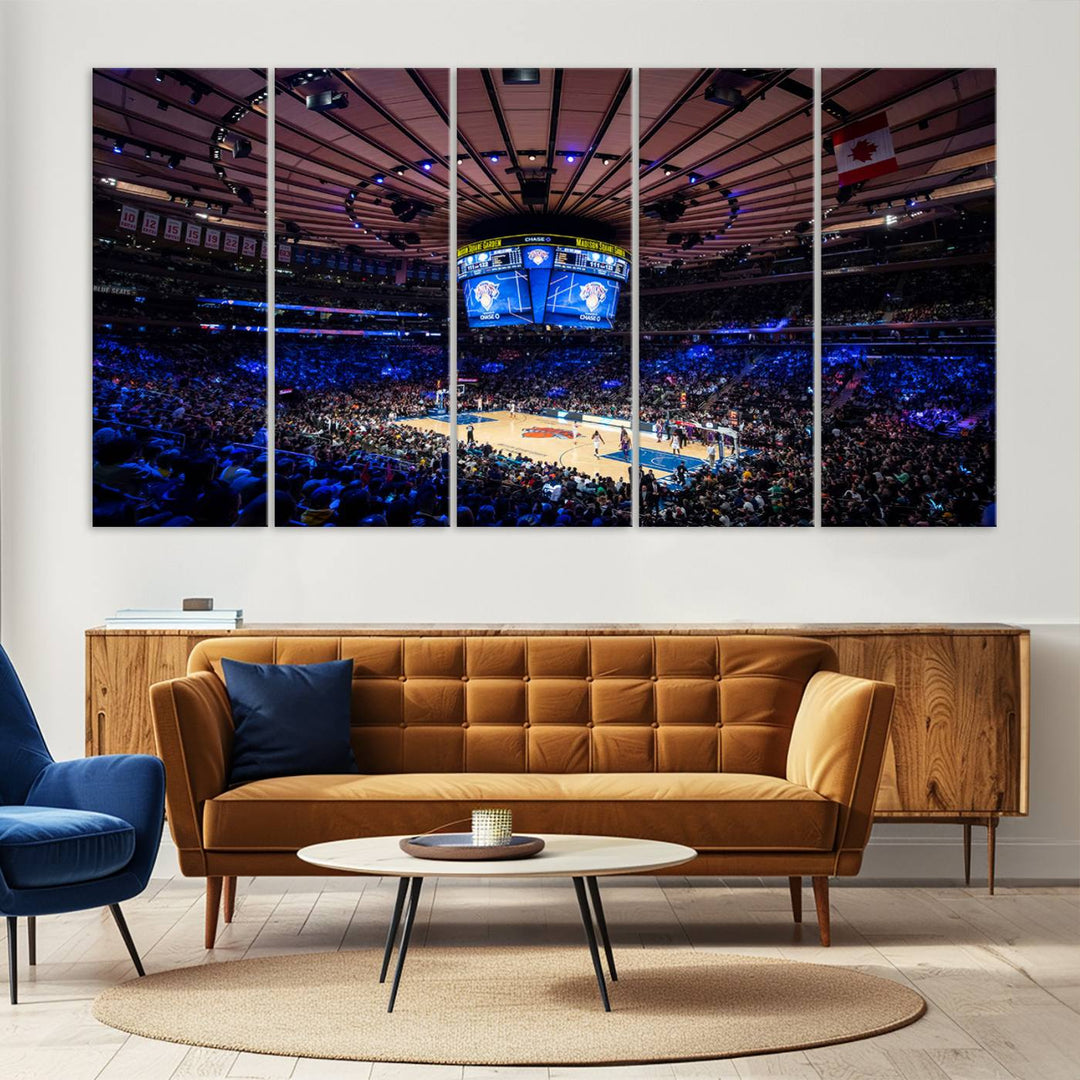 A print depicting an NBA game at Madison Square Garden, highlighting the scoreboard.