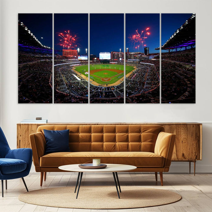 Truist Park wall art: fireworks over a Braves crowd, a large 3-panel canvas, framed and ready-to-hang.