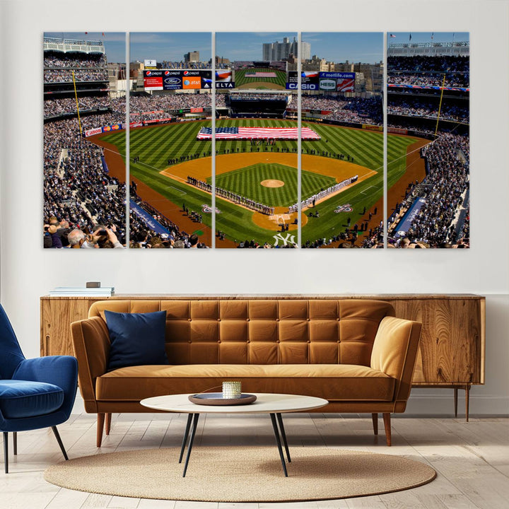 The Yankee Stadium New York wall art print features a vibrant scene of baseball fans with a large flag and players, expertly capturing the spirit of the game. This ready-to-hang décor is perfect for adding a dynamic touch to any space.